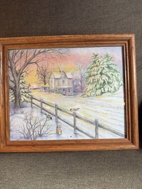 8x10 Winter Snow Country Birds Bunny Trees Scene - Signed By Carol Noyes Artist